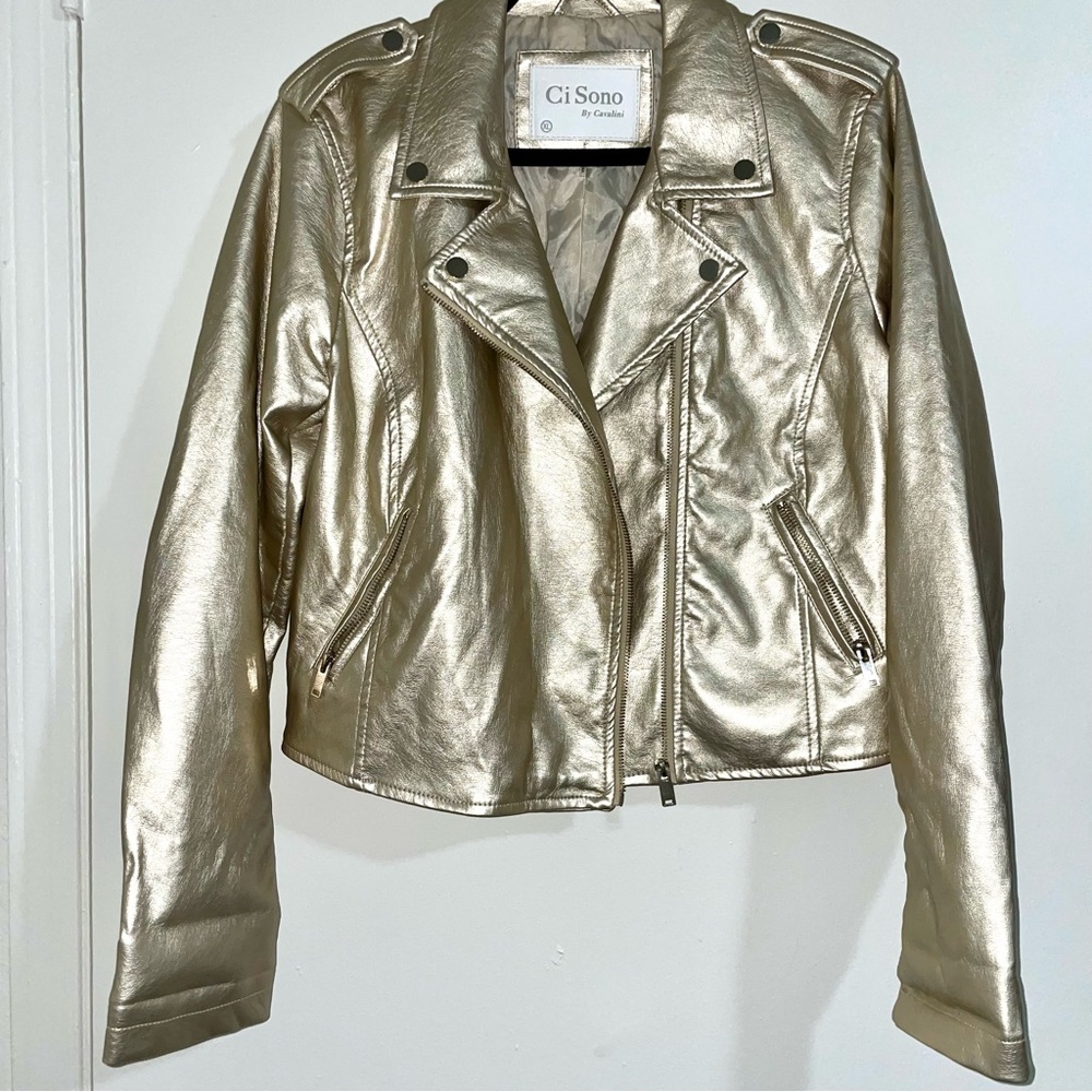 Ci Sono Gold Faux Leather Bomber Jacket, XL